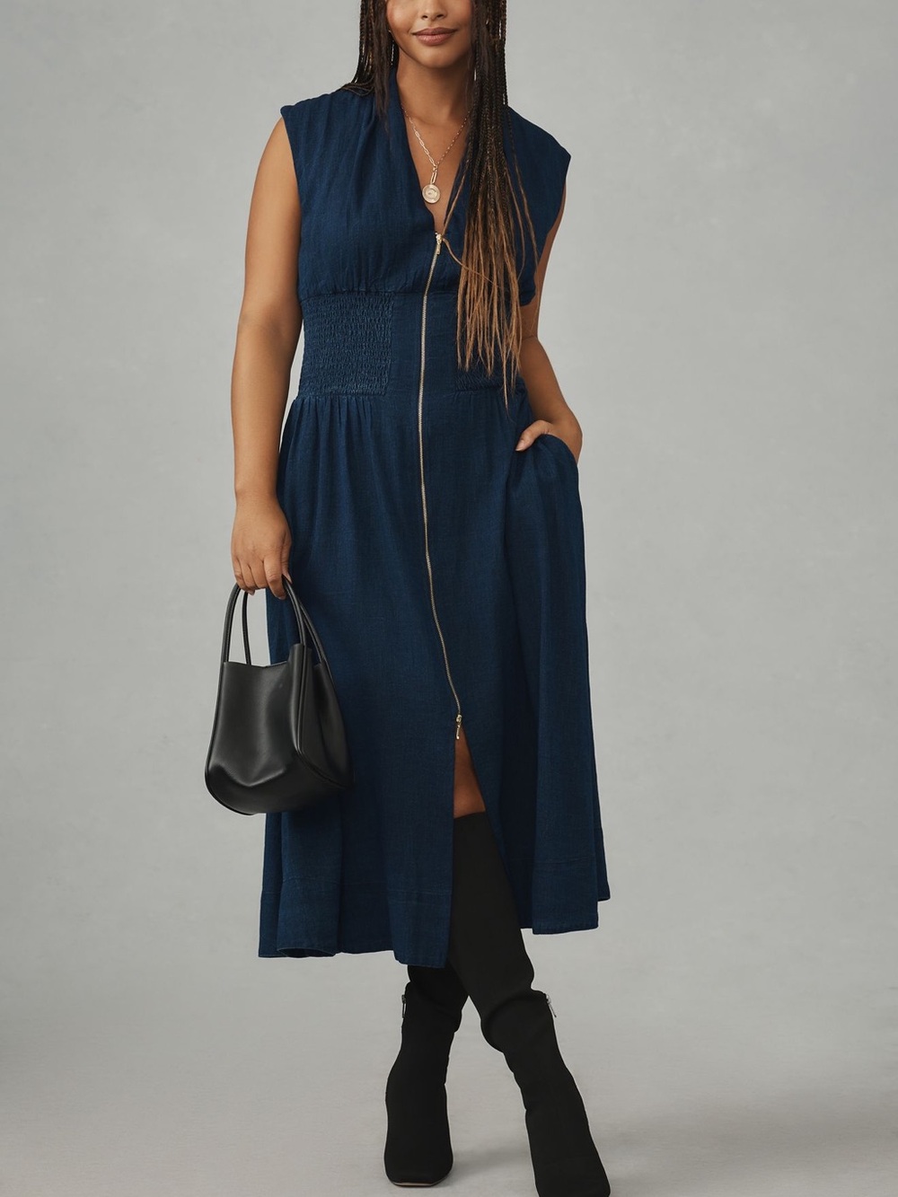 Anthropologie Navy Zip-Front Midi Dress